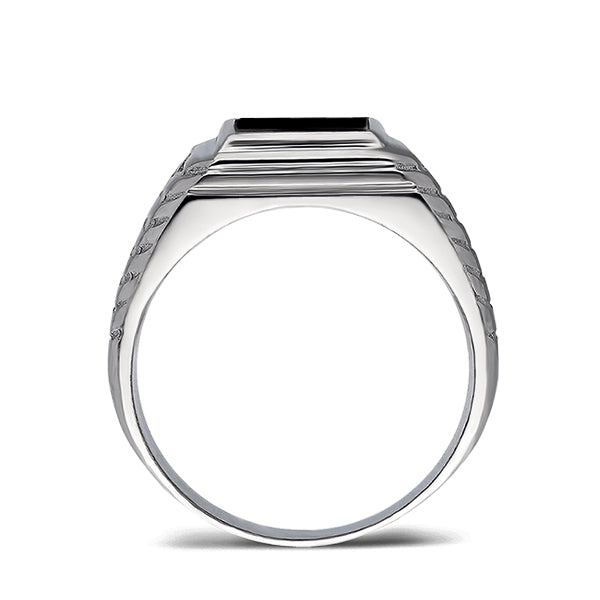 Mens Solid 14K White Gold Black Onyx Ring 0.04ct Natural Diamonds Ring for Men