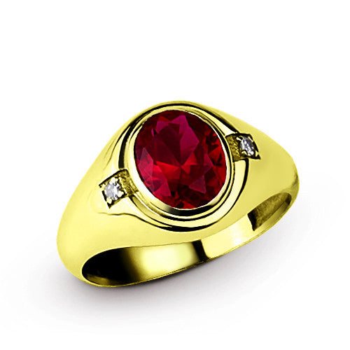 Ruby Men's Ring 14k Gold with Natural Diamonds Statement Ring