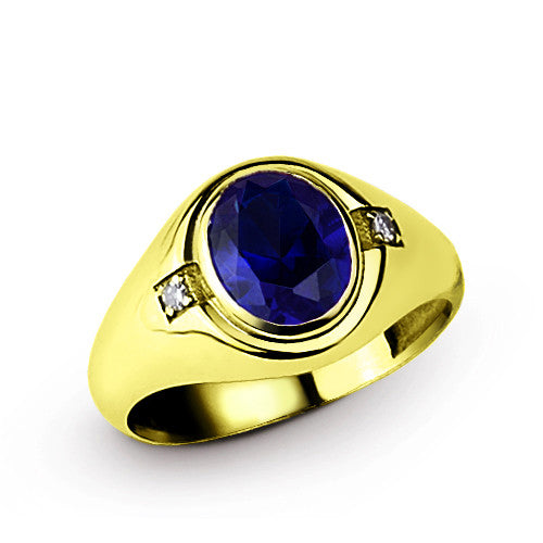 Men's Sapphire Ring with Genuine Diamonds in 14k Yellow Gold
