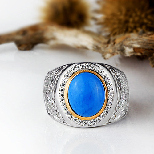 Solid 925 Silver Ring for Man with Natural Blue Turquoise Gemstone