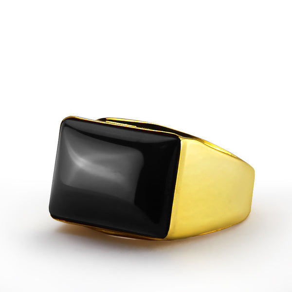 Men's Onyx Ring in 14k Yellow Gold, Natural Black Stone Ring for Men