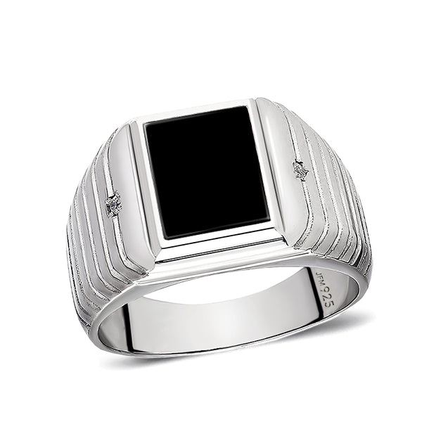 Wide Men's Silver Ring with Natural Stone & Diamond Accents