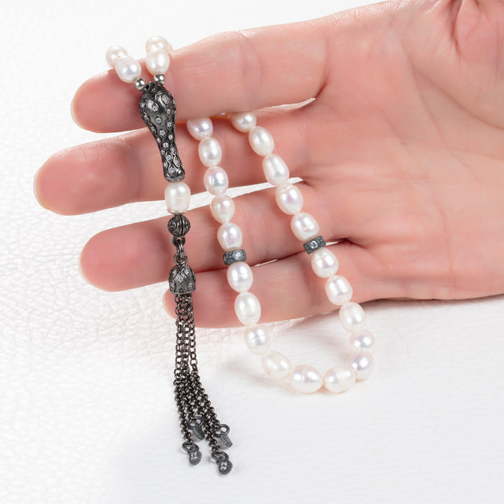 Pearl Tasbih White Muslim Prayer Beads with 925 Silver Chain Tassel Islamic Gift for Man