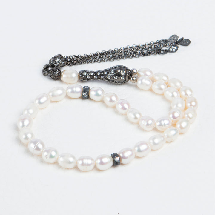 Pearl Tasbih White Muslim Prayer Beads with 925 Silver Chain Tassel Islamic Gift for Man
