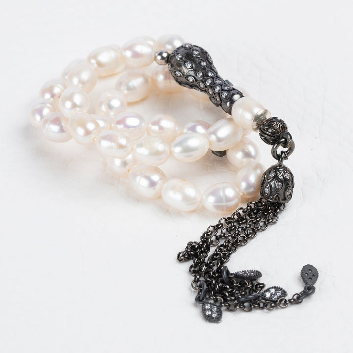 Pearl Tasbih White Muslim Prayer Beads with 925 Silver Chain Tassel Islamic Gift for Man