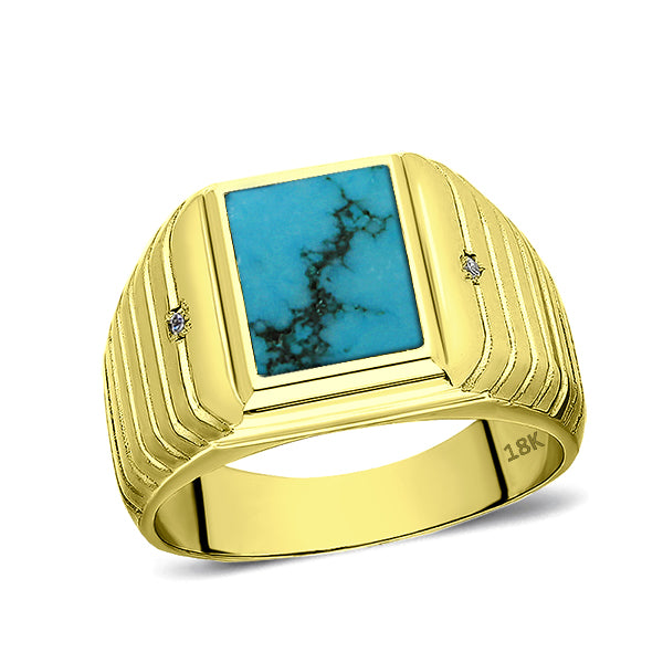 18K Real Yellow Fine Gold Turquoise Mens Ring with 2 Natural Diamonds Accents