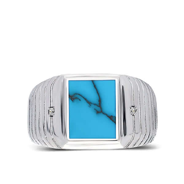 Wide Men's Silver Ring with Natural Stone & Diamond Accents