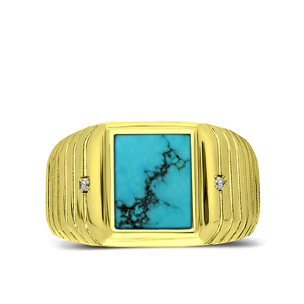 18K Real Yellow Fine Gold Turquoise Mens Ring with 2 Natural Diamonds Accents