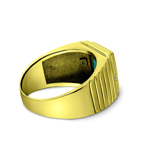 18K Real Yellow Fine Gold Turquoise Mens Ring with 2 Natural Diamonds Accents