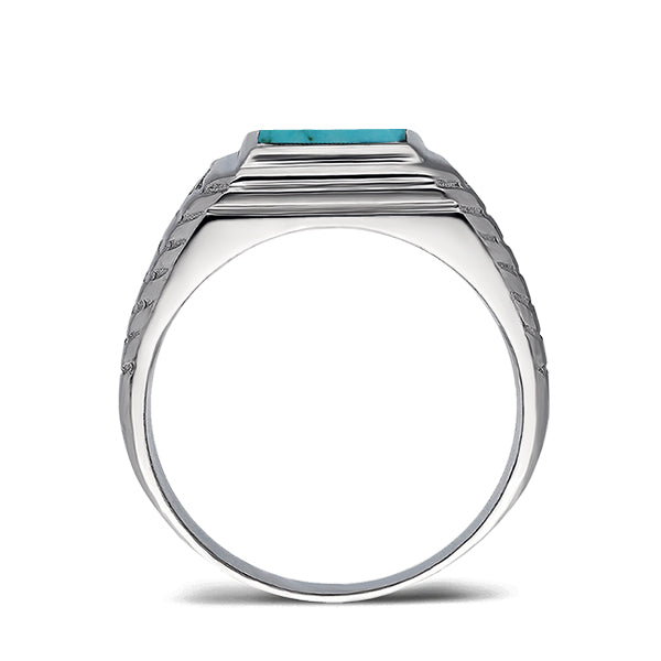 Mens Solid 14K White Gold Turquoise Ring 0.04ct Natural Diamonds Ring for Man
