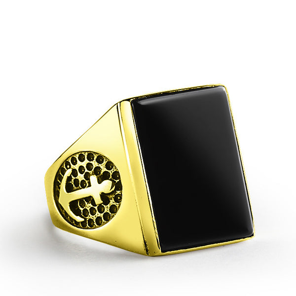 Anchor Ring in 10k Yellow Gold with Natural Black Onyx Stone, Nautical Signet Ring