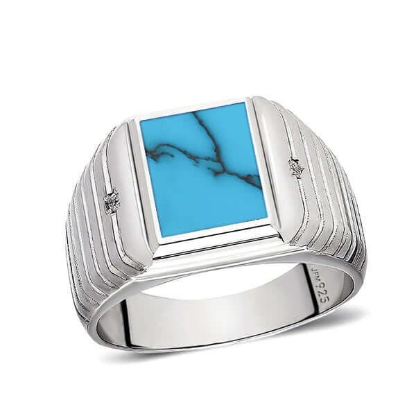 Wide Men's Silver Ring with Natural Stone & Diamond Accents