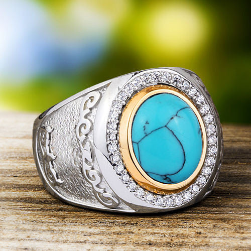 Men's Ring with Natural Blue Turquoise Cabochon in 925 Sterling Silver