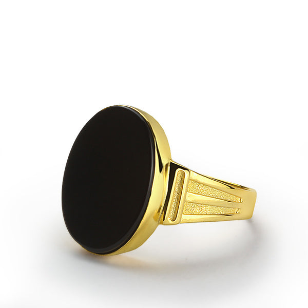14k Yellow Gold Men's Ring with Natural Black Onyx Stone