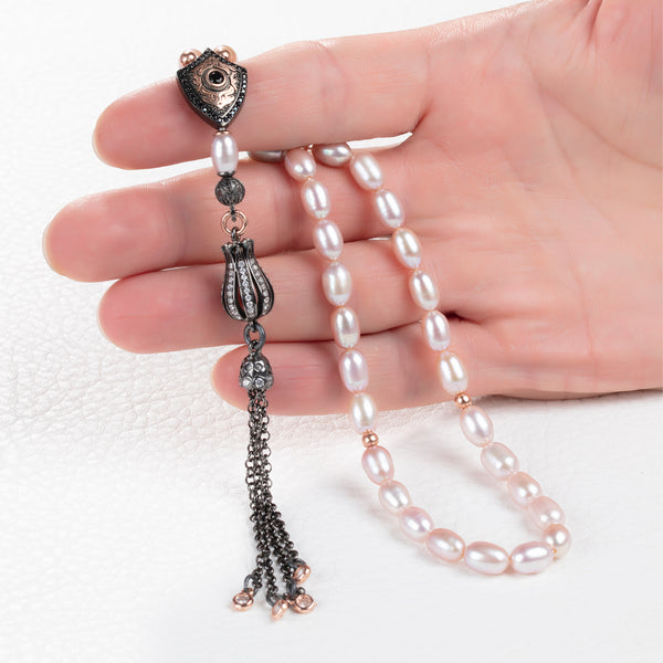 Pink Rosary Muslim Tasbih 33 Prayer Beads with 925 Silver Chain Tassel Islamic Gift