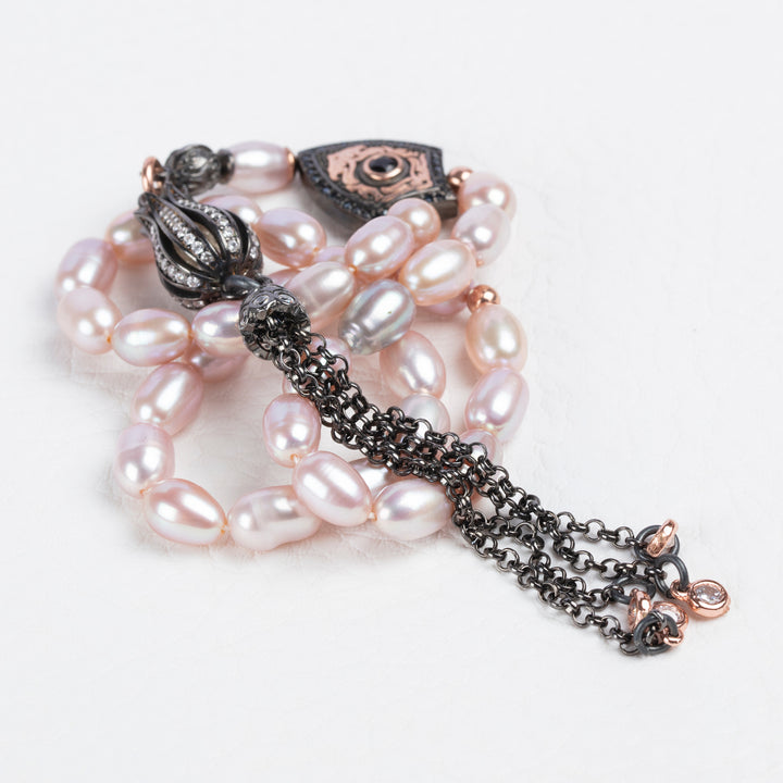 Pink Rosary Muslim Tasbih 33 Prayer Beads with 925 Silver Chain Tassel Islamic Gift