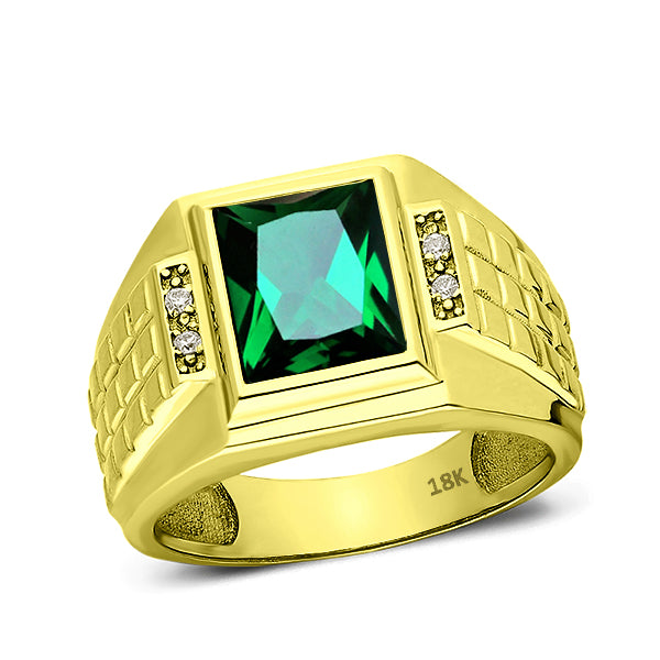 Mens Elegant Ring 18K Gold Green Emerald 4 Natural Diamonds Solid Ring for Man