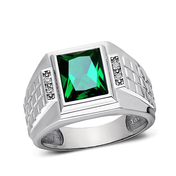 Perfect 14K White Gold Emerald Men's Ring 0.08ct Natural Diamonds Ring for Man