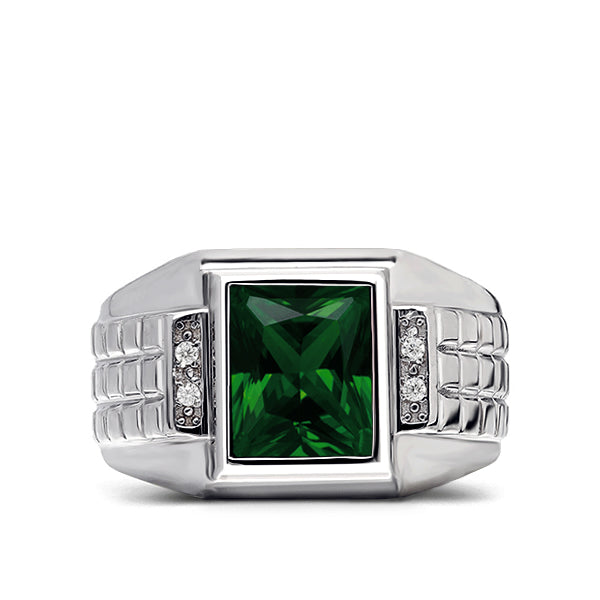 Real 925 Sterling Silver Men's Gemstone Ring with 4 Diamonds emerald