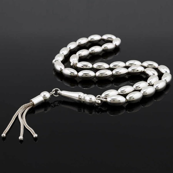 Muslim Tasbih 925 Sterling Silver Rosary 33 Prayer Beads Oval Tesbih Islamic Gift