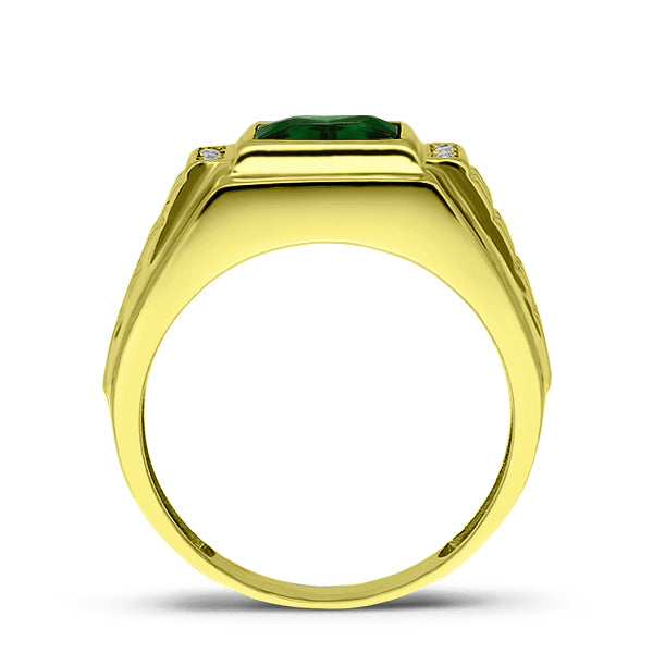 Mens Elegant Ring 18K Gold Green Emerald 4 Natural Diamonds Solid Ring for Man