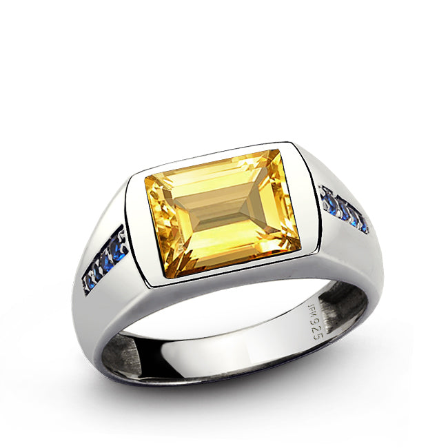 Men's Classic Ring with Accent Sapphires and 3.40ct Gemstone citrine