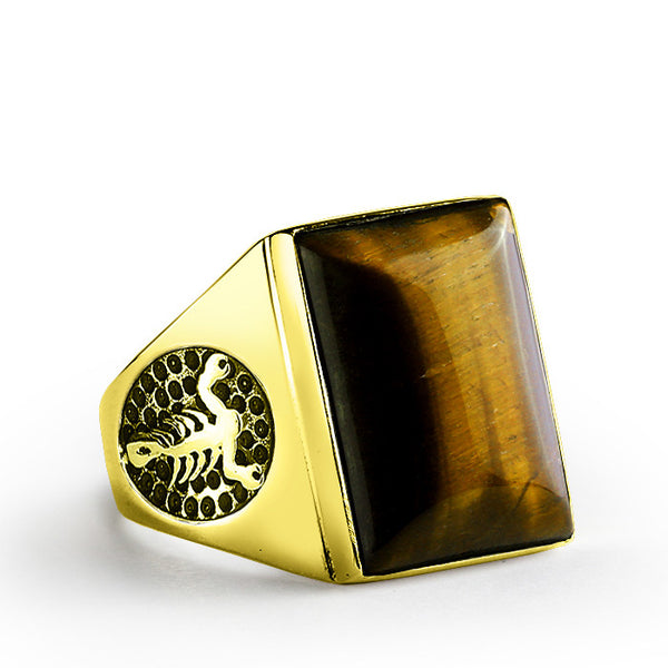 Men's Scorpion Ring in 10k Yellow Gold with Brown Tiger's Eye Natural Stone Biker Ring