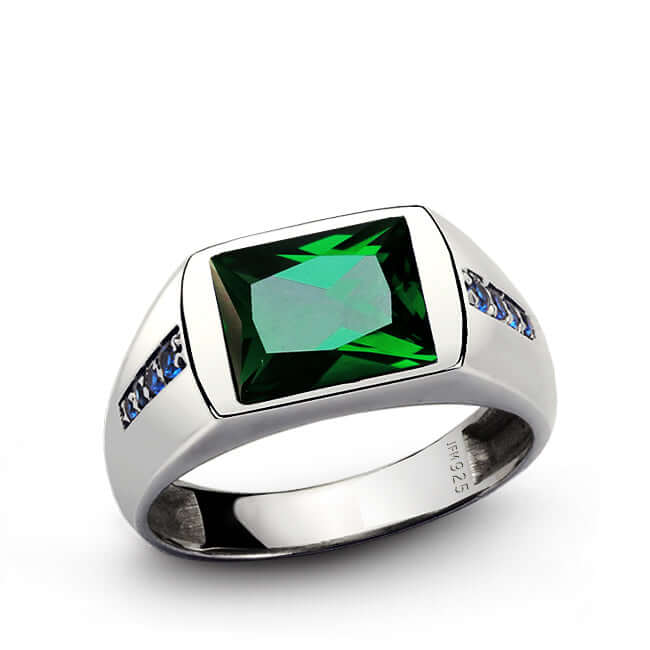 Men's Classic Ring with Accent Sapphires and 3.40ct Gemstone emerald