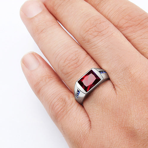Men's Classic Ring with Accent Sapphires and 3.40ct Gemstone ruby