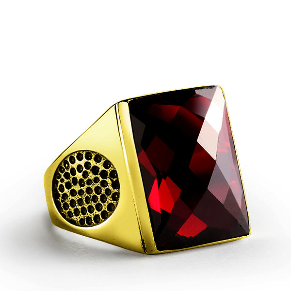 SOLID 18K Yellow Fine GOLD with Red Garnet Gemstone Fine Statement Men's Ring