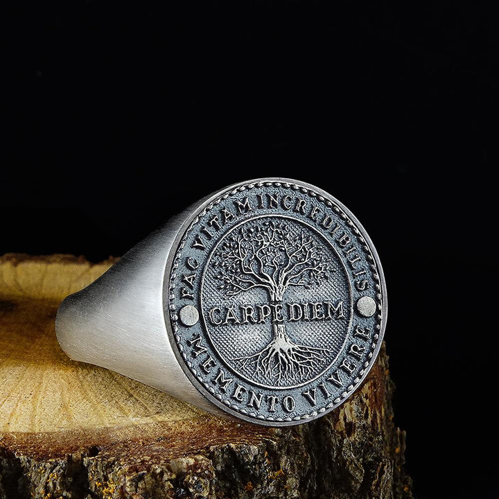 925 Sterling Silver Carpe Diem Inspirational Quote Mens Signet Wide Ring