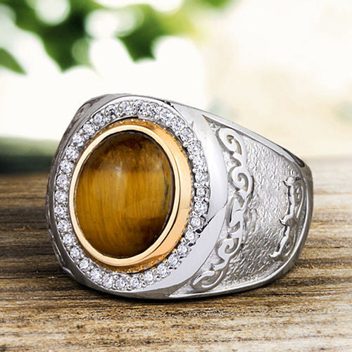 Men's Ring with Natural Brown Tiger's eye Gemstone in 925 Sterling Silver