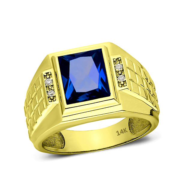Mens Solid 14K Gold Blue Sapphire Ring 0.08ct Natural Diamonds Fine Ring for Man