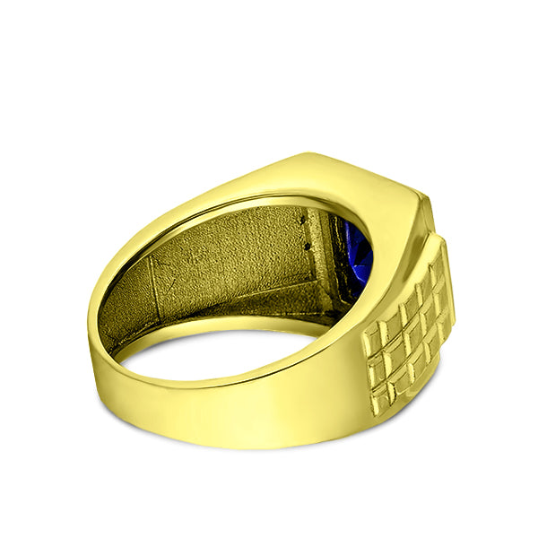 4 Diamond Accents 18K Gold Plated on 925 Solid Silver Mens Blue Sapphire Ring