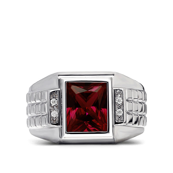 Real 925 Sterling Silver Men's Gemstone Ring with 4 Diamonds ruby