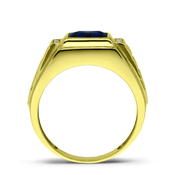 Mens Solid 18K Gold Blue Sapphire Ring 0.08ct Natural Diamonds Fine Ring for Man