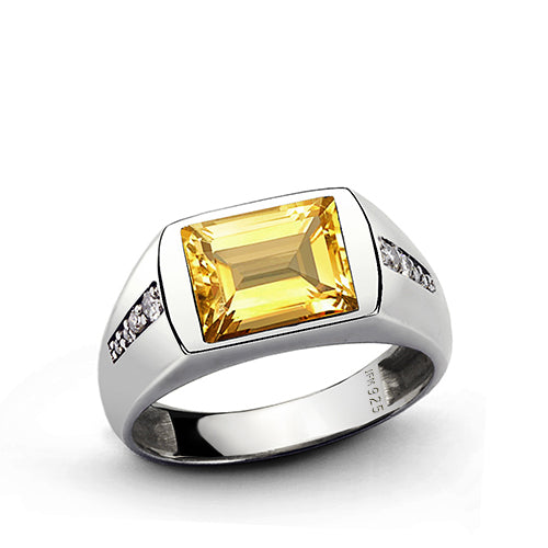 Gemstone Ring for Men with 8 Natural Diamonds in Sterling Silver citrine
