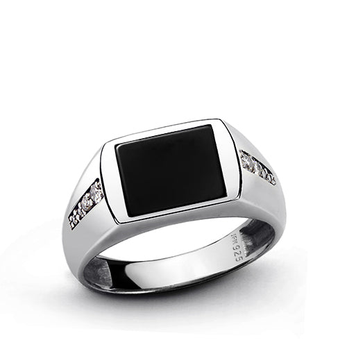 Stone Ring with 8 Genuine Diamonds Men's Silver Engrave Band