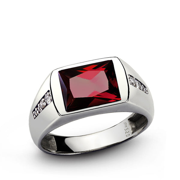 Gemstone Ring for Men with 8 Natural Diamonds in Sterling Silver ruby
