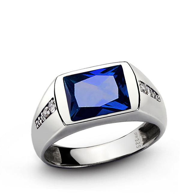 Gemstone Ring for Men with 8 Natural Diamonds in Sterling Silver sapphire