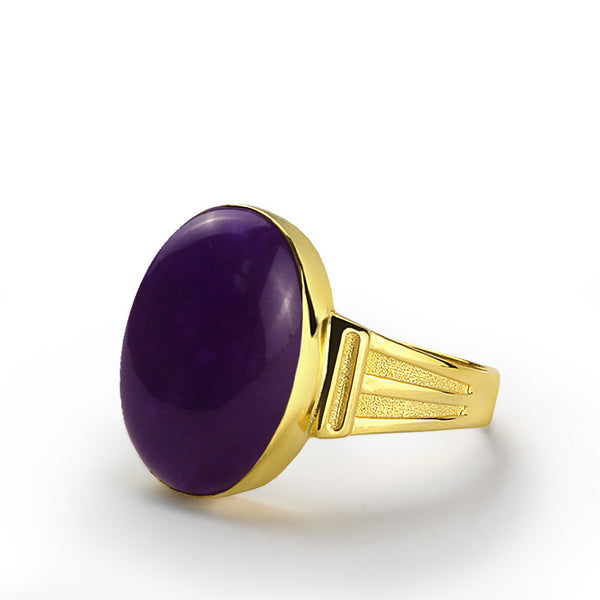 Men's Ring in 10k Yellow Gold with Purple Agate Natural Stone