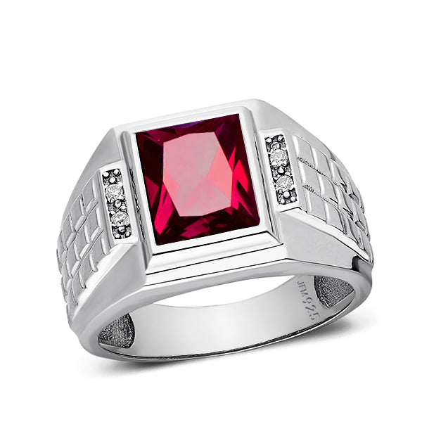 Real 925 Sterling Silver Men's Gemstone Ring with 4 Diamonds ruby