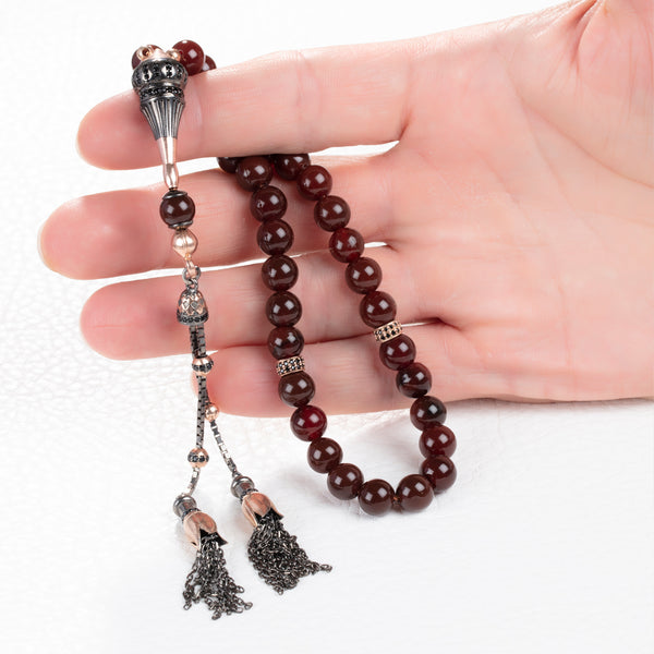 Garnet Rosary with Solid Silver Tassel Handcrafted Muslim Tasbih Red Gemstone Worry Beads