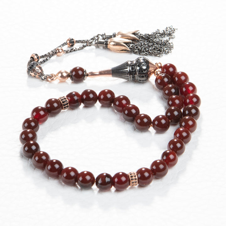 Garnet Rosary with Solid Silver Tassel Handcrafted Muslim Tasbih Red Gemstone Worry Beads