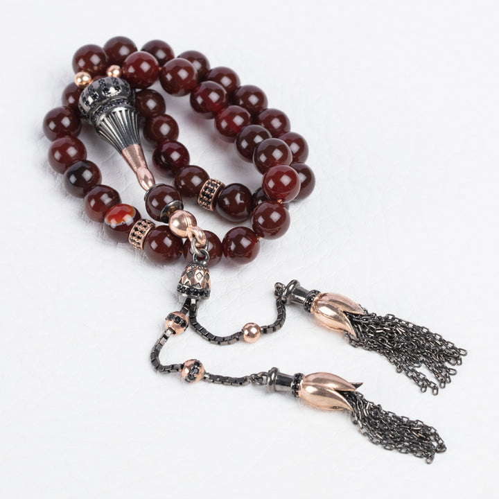 Garnet Rosary with Solid Silver Tassel Handcrafted Muslim Tasbih Red Gemstone Worry Beads