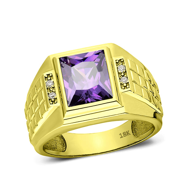 Mens Solid 18K Gold Purple Amethyst Ring 4 Natural Diamonds Fine Ring for Man