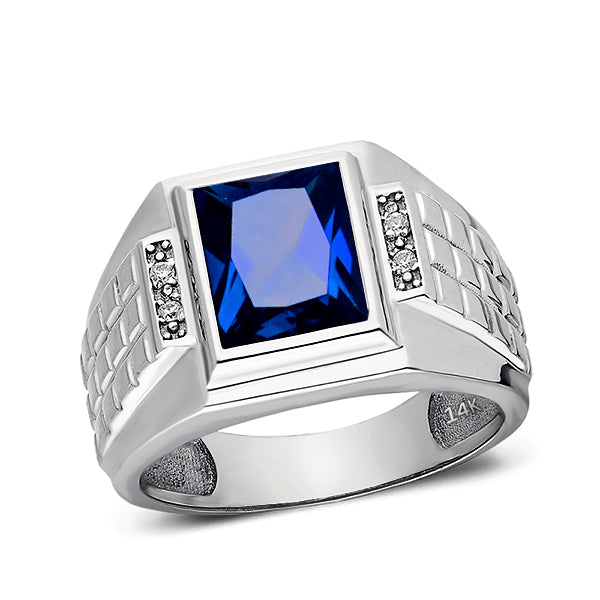 Mens Solid 14K White Gold Sapphire Ring 0.08ct Natural Diamonds Ring for Man