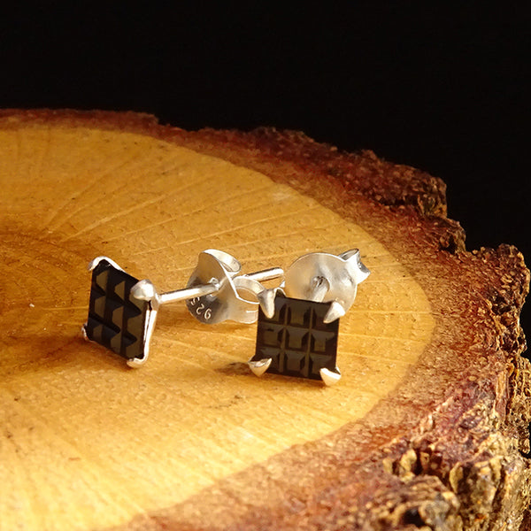 Solid 925 Sterling Silver Men's Stud Earrings with Black CZ
