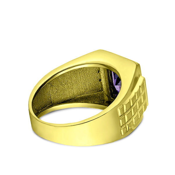 Mens Heavy Solid 14K Gold Ring Purple Amethyst 4 Natural Diamonds Men Jewelry