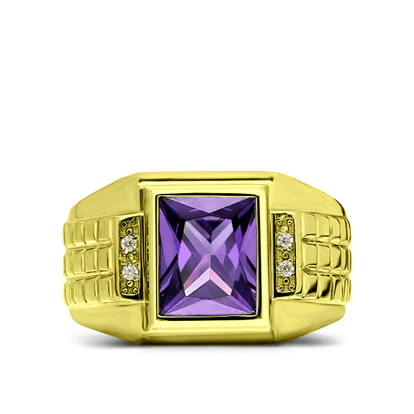 Solid 10K Gold Purple Amethyst Mens Ring 4 Natural Diamonds Fine Ring for Man